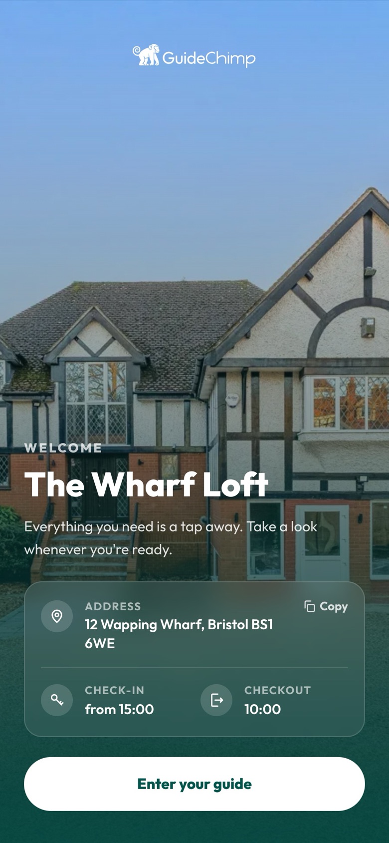 The Wharf Loft guide welcome screen with an Enter your guide button